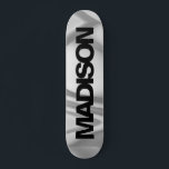 Personalisierter Skateboardname Schwarz Grau Cool Skateboard<br><div class="desc">Dieses farbenfrohe Skateboard auf Gray Wave zeichnet sich durch ein abstraktes Design mit schwarzem und coolem serifenlosen Schriftart aus. Fügen Sie Ihren Namen,  wählen Sie Schriftart,  ändern Sie Größe und Position,  fügen Sie Clipart,  Fotos und Formen. Einfach und schön,  perfekt als Geschenkidee für Jungen und Mädchen.</div>