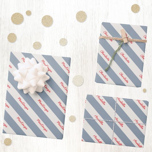Personalisierter Skriptname Blue Cream Candy Strip Geschenkpapier Set
