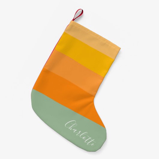 Personalisierter Skriptname Gelber Orange Strichen Kleiner Weihnachtsstrumpf (Vorderansicht (hängend))