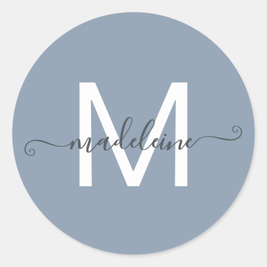 Personalisierter Skriptname-Monogramm Dusty Blue Runder Aufkleber (Vorderseite)