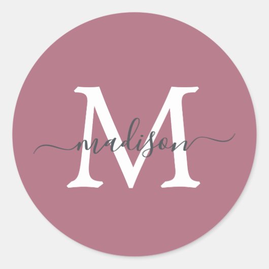 Personalisierter Skriptname Monogramm Dusty Rose Runder Aufkleber (Vorderseite)
