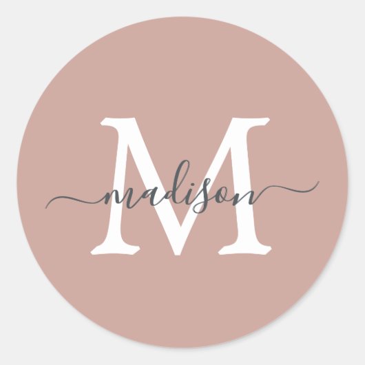 Personalisierter Skriptname Monogramm Dusty Rose Runder Aufkleber (Vorderseite)