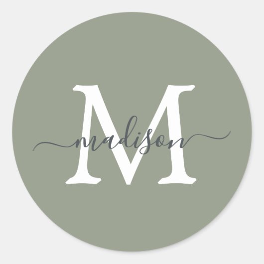 Personalisierter Skriptname Monogramm Salbeigrün Runder Aufkleber (Vorderseite)