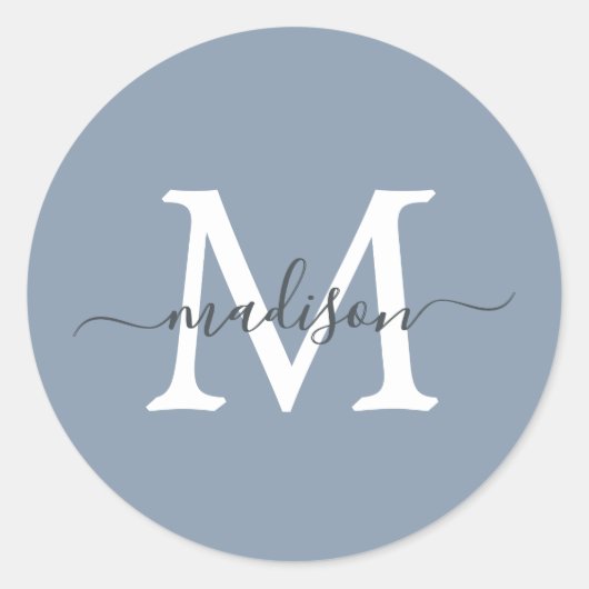 Personalisierter Skriptname-Monogramm Staubblau Runder Aufkleber (Vorderseite)
