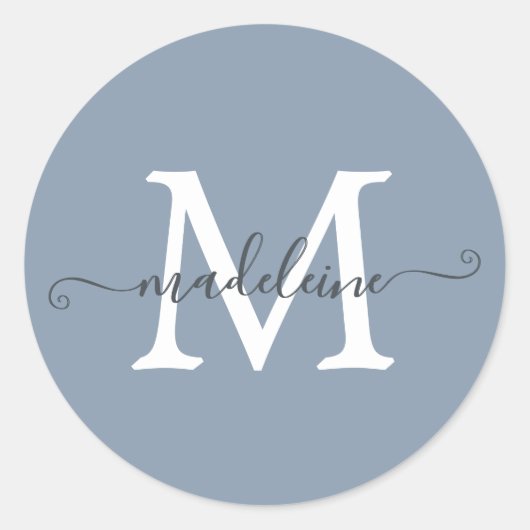 Personalisierter Skriptname-Monogramm Staubblau Runder Aufkleber (Vorderseite)