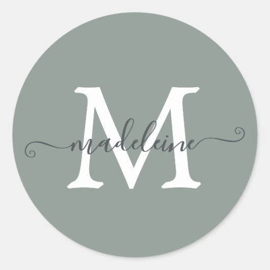 Personalisierter Skriptname Monogramm Staubgrün Runder Aufkleber (Vorderseite)