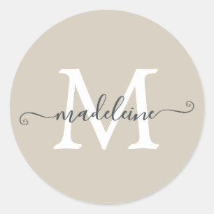 Personalisierter Skriptname Monogramm Warmbeige Runder Aufkleber