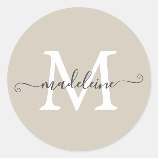 Personalisierter Skriptname Monogramm Warmbeige Runder Aufkleber (Vorderseite)