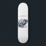 Personalisierter Skriptname Wolf Pack Skateboard<br><div class="desc">Ihr Name in einem trendigen Skriptstil-Schriftart mit einem Aquarellpack wilder Wölfe auf der Flucht.</div>