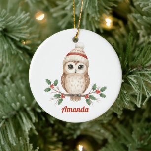 Personalisierter skurriler Eulen-Weihnachtsschmuck Keramik Ornament