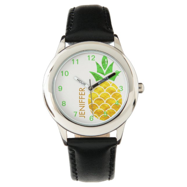 Personalisierter Sommerfoil Goldene Ananas Armbanduhr (Vorderseite)