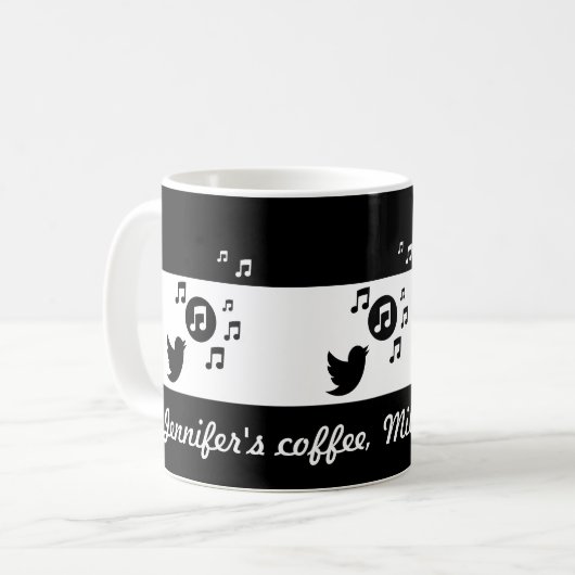 Personalisierter Songbird Schwarz/Weiß Kaffeetasse (Vorderseite Links)