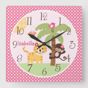 Personalisierter Sonnenaffe und Tiger Kinderzimmer Quadratische Wanduhr