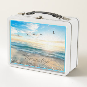 Personalisierter Sonnenaufgang Strand Vögel Natur Metall Brotdose
