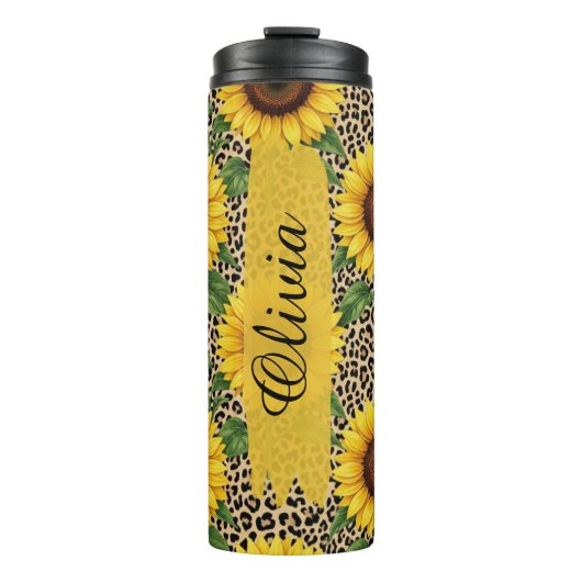 Personalisierter Sonnenblumen-Leoparden-Thermobech Thermosbecher (Vorderseite)