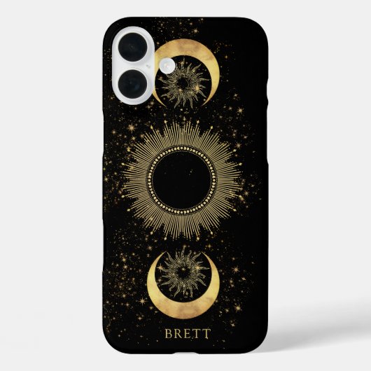Personalisierter Sonnenmond Stars Black Gold Case-Mate iPhone Hülle (Rückseite)
