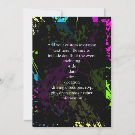 Personalisierter Spritzer Schwarz/Neon Einladung (Rückseite)