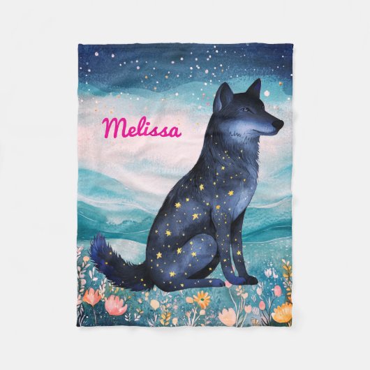 Personalisierter Starry Night Wolf in Wildblumen f Fleecedecke (Vorderseite)
