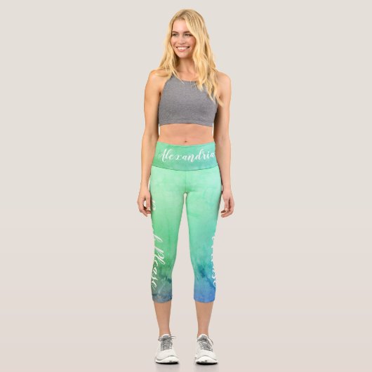 Personalisierter Strand Bitte Aquamarin Blue Ombre Capri Leggings (Vorderseite)