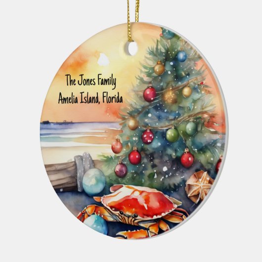 Personalisierter Strand mit Krabbenweihnachtsbaum Keramik Ornament (Links)