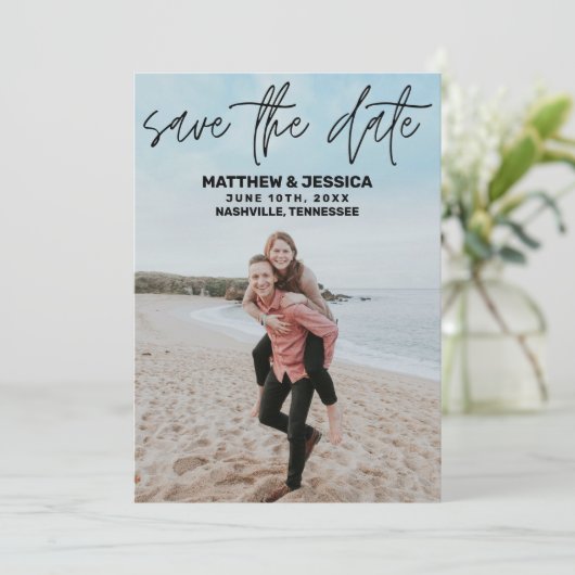 Personalisierter Strand von Foto Save the Date (Stehend Vorderseite)