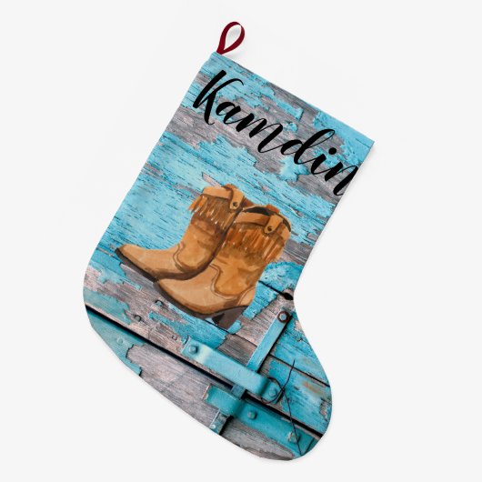 Personalisierter Strumpf Blue Wood Barn Doot Boots Großer Weihnachtsstrumpf (Vorderansicht (hängend))