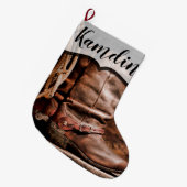 Personalisierter Strumpf Cowboy Stiefel Barn Wood Großer Weihnachtsstrumpf (Vorderansicht (hängend))