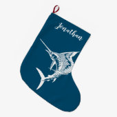 Personalisierter Strumpf mit blauem und weißem Seg Großer Weihnachtsstrumpf (Vorderansicht (hängend))