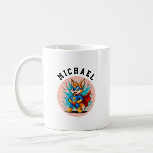 Personalisierter Superheld-Fuchs-Name & Initiale Kaffeetasse (Links)
