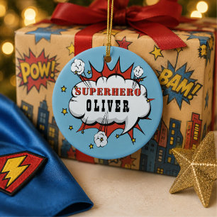 Personalisierter Superhelden-Name Weihnachten Kind Keramik Ornament