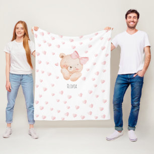 Personalisierter süßer Bär mit rosa Herzen  Fleecedecke