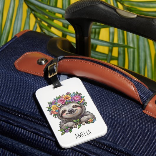 Personalisierter Süßer Blumenfaultier mit Blumenkr Gepäckanhänger (Vorderseite Insitu 1)