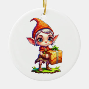 Personalisierter süßer Elf, der ein Weihnachtsgesc Keramik Ornament