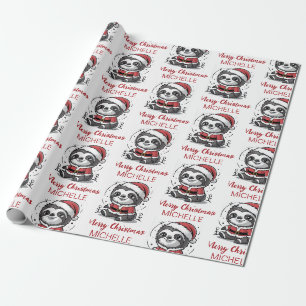 Personalisierter süßer Faultier-Weihnachtsmannhut Geschenkpapier