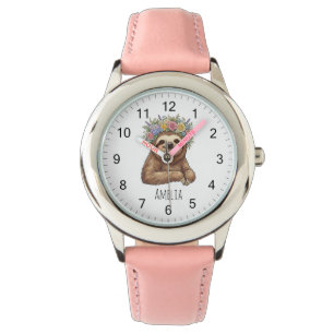 Personalisierter süßer floraler Faultier mit Blume Armbanduhr
