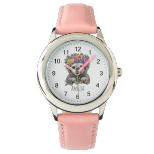 Personalisierter süßer floraler Faultier mit Blume Armbanduhr