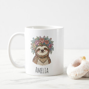 Personalisierter süßer floraler Faultier mit Blume Kaffeetasse