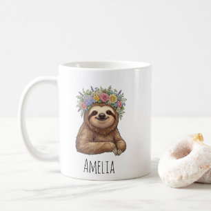 Personalisierter süßer floraler Faultier mit Blume Kaffeetasse