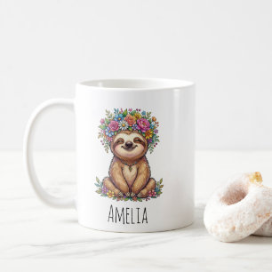 Personalisierter süßer floraler Faultier mit Blume Kaffeetasse