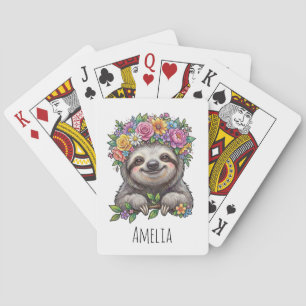 Personalisierter süßer floraler Faultier mit Blume Spielkarten