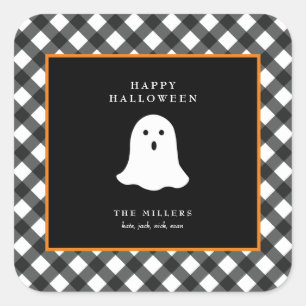 Personalisierter süßer Geist Halloween Gingham Qua Quadratischer Aufkleber