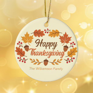 Personalisierter süßer Happy-Thanksgiving-Blattkra Keramik Ornament