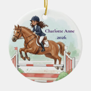 Personalisierter süßer Mädchen-Pferdespringen Keramik Ornament