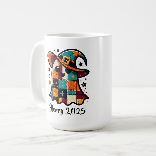 Personalisierter Süßer Patchwork-Geist Halloween Kaffeetasse (Vorderseite Links)
