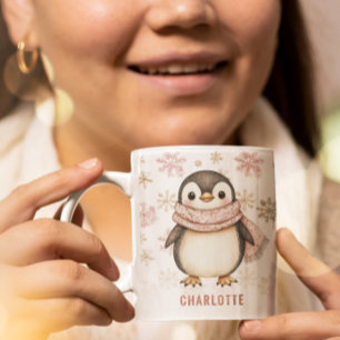 Personalisierter süßer rosa Winterpinguin Weihnach Kaffeetasse