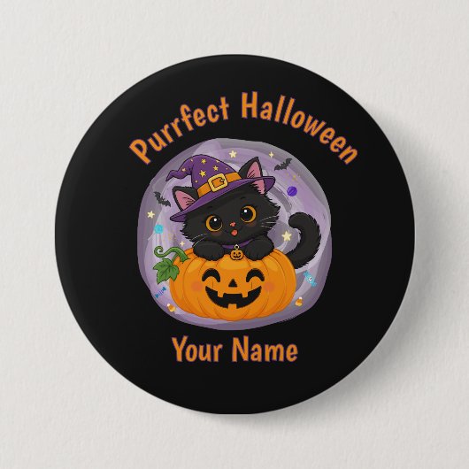 Personalisierter süßer schwarzer Halloween-Katzen- Button (Vorderseite)