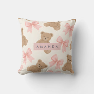 Personalisierter Süßer Teddybär und Rosa Schleifen Kissen