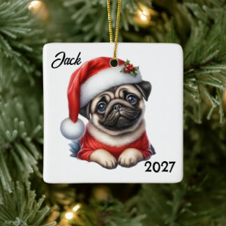 Personalisierter süßer Weihnachts-Santa-Mops Keramikornament
