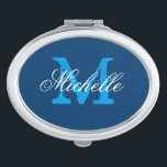 Personalisierter Taschenspiegel<br><div class="desc">Personalisierter Namensmonogrammmake-upvertragsspiegel. Kundenspezifischer ovaler kompakter Spiegel mit eleganter Skripttypographie und Anfangsbuchstaben des Vintagen Monogrammnamens. Niedliche girly Geschenkidee für Frauen und jugendlich Mädchen. Macht auch ein elegantes Brautparty oder eine Gastgeschenk Hochzeit für noble Braut, Brautjungfern, Trauzeugin, kundengerechte Hintergrundfarbe der Gäste etc. IE-Marineblau. Stilvoller Text.</div>