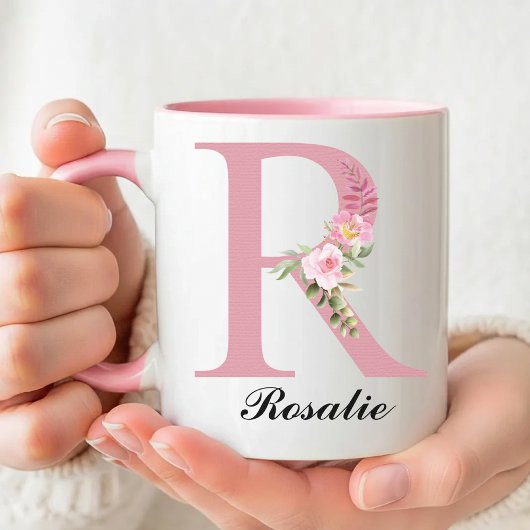 Personalisierter Tasse mit rosa Rosen und Monogram